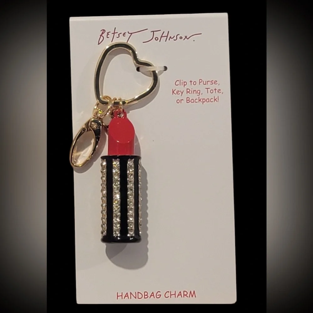 BETSEY JOHNSON Fire Engine Red Lipstick Crystal-Studded Bag Charm Keychain NWT